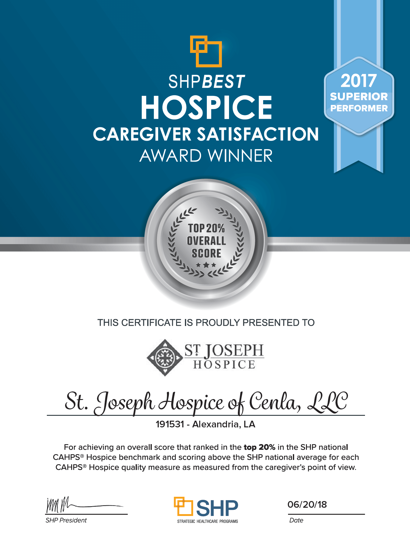 St. Joseph Hospice of CENLA Receives “Best Superior Performer” Award